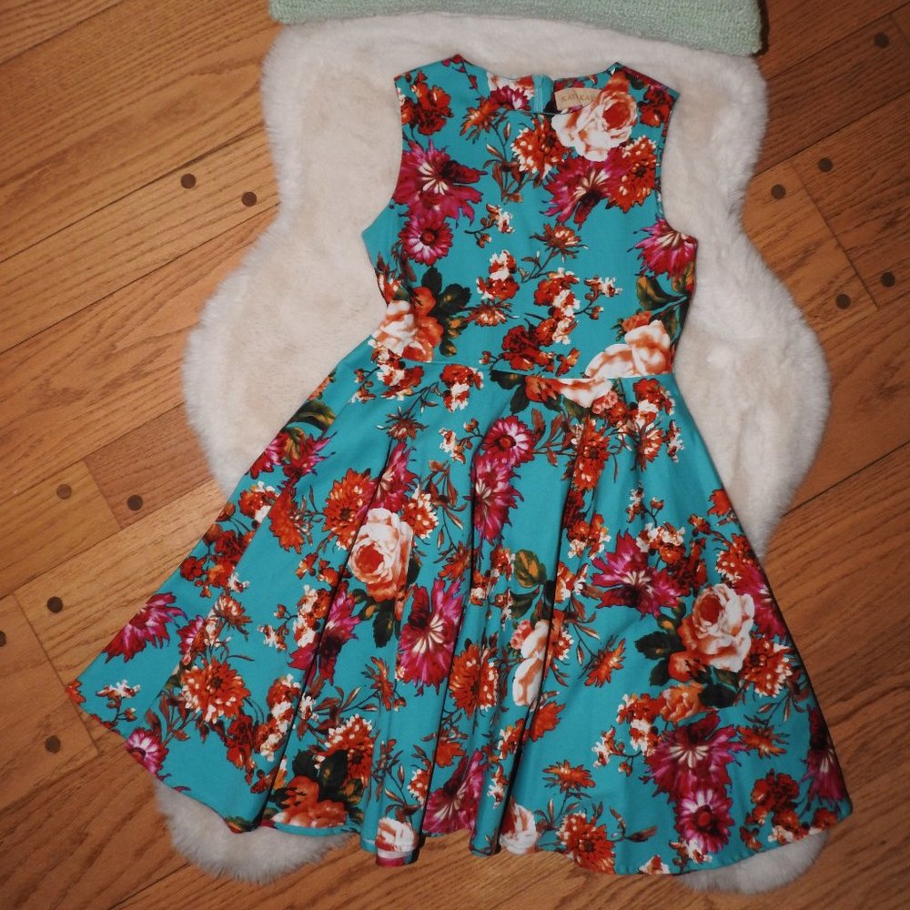 Kate Kasin Teal Flower Dress 9-10 Yrs